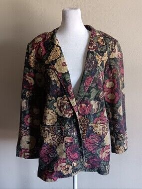 90s Denim Floral Print Women's Blazer Jacket Cotton Multicolor Size Small USA